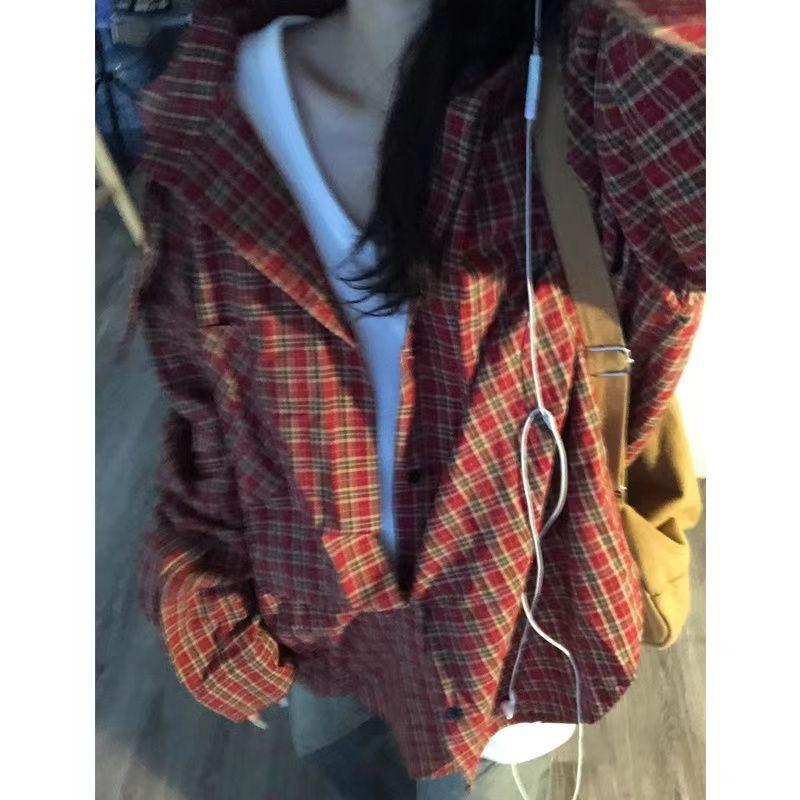 Women's Retro Red Plaid Loose Long-Sleeve Shirt - Spring/Autumn Stylish Top