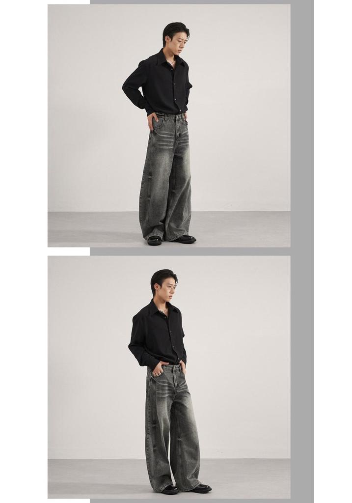 Men's Distressed Black-Gray Curved Blade Baggy Jeans - Unisex Casual Floor-Length Pants