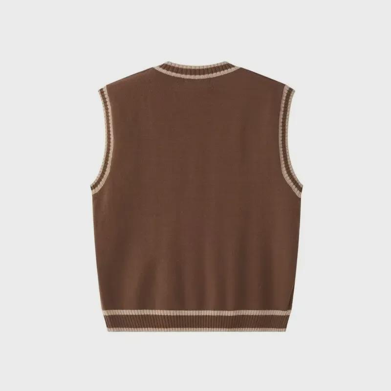 Pánský retro V-výstřih vysokoškolský styl copánkový vzor kontrastní bez rukávů svetr vesta na podzim a zimu