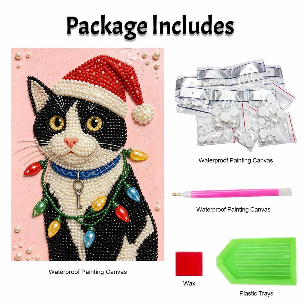 Christmas Pearl Painting Kit Handmade DIY Cute Cat In Santa Hat With Colorful Lights Home Decoration Painting