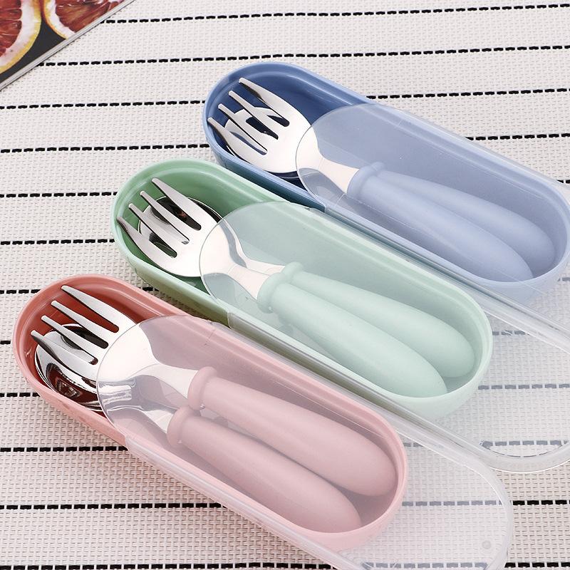 Stainless Steel Children's Tableware Set Spoon and Fork Anti-drop and Anti-scalding Kindergarten Portable Storage Box Household Tableware