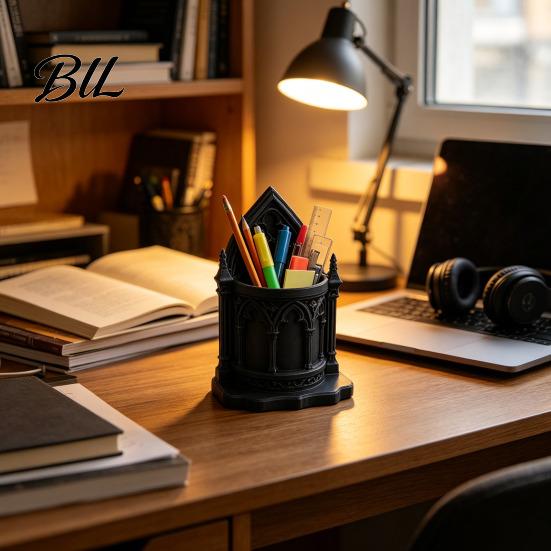 Vintage Style Desk Accessories 3D Printed Gothic Cathedral Pen Holder, Academia Church Decorative Makeup Brush Cup Castle Pencil Cup, Large
