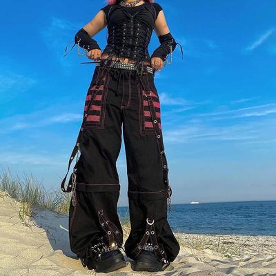 Gothic Damen Punk Cargo Hose Dunkel Hohe Taille Baggy Hose Taschen Grunge Y2k Streetwear