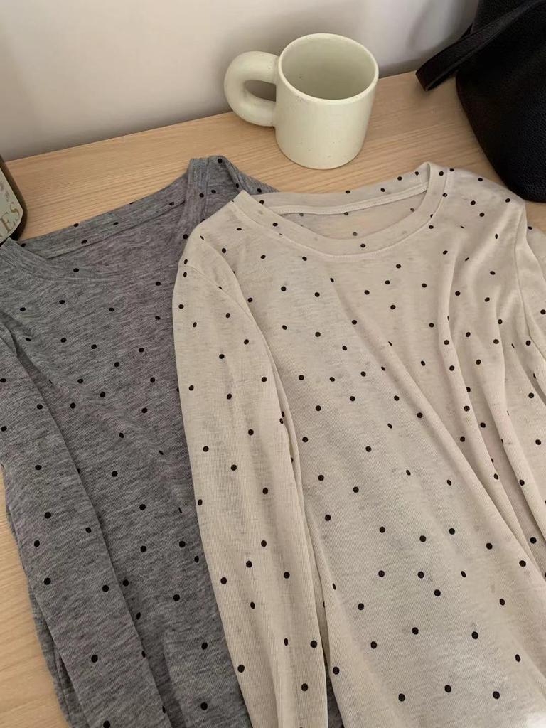 Women's Layered Polka Dot Long Sleeve T-shirt - Spring/Summer 2024 See-through Slimming Design