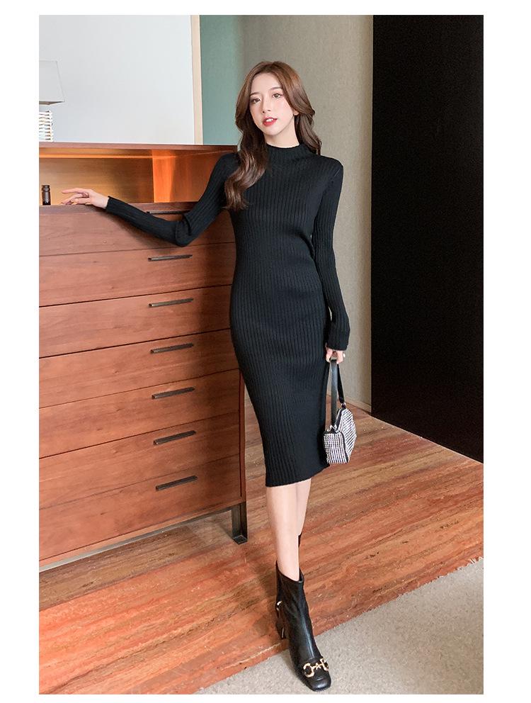 Women's Slim Knitted Wool Sweater Dress - Half Turtleneck, Long-Sleeved, Knee-Length, Autumn/Winter Style.