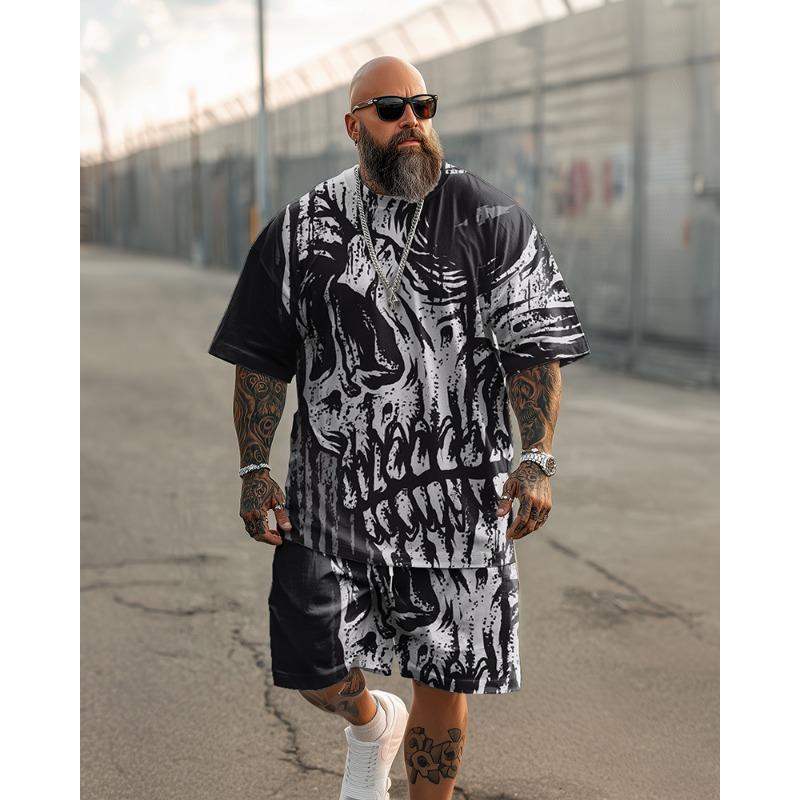 S-9XL Plus Size Men s Oversized Fit, Skull, Rose & Pirate Print T-Shirt & Shorts Set, Casual Streetwear Outfit S