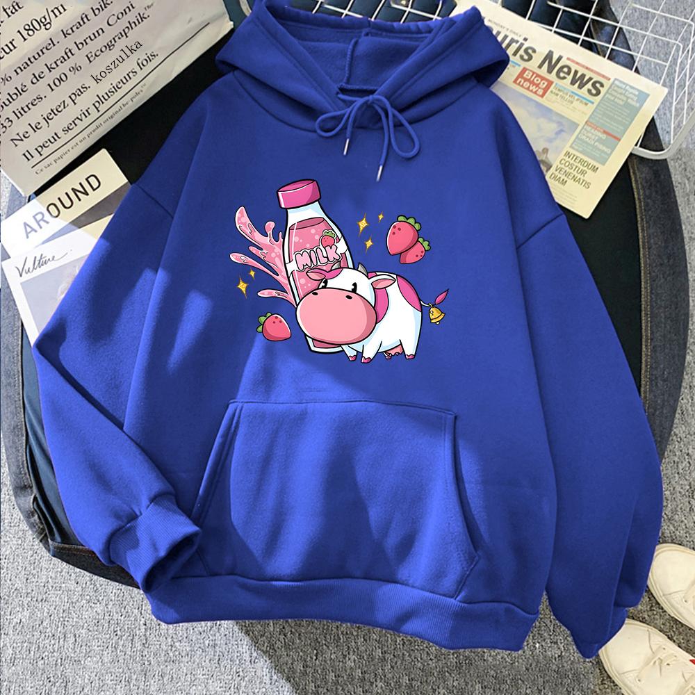 Strawberry Milk Pink Cow Hoodie Oversized Cartoon Printed Sweatshirt Women Warm Hooded Pullovers Harajuku Sweatshirts