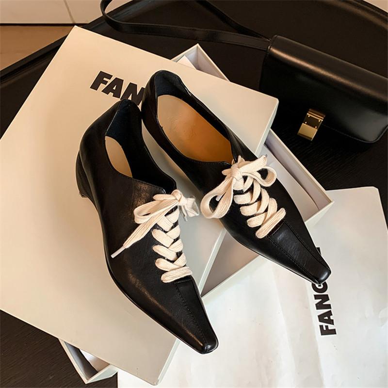 Fashion New Spring Genuine Leather Woman Shoes Pointed Toe Women Pumps Shoes for Women Chunky Heel Lace Loafers Fashion Gladiator Shoes