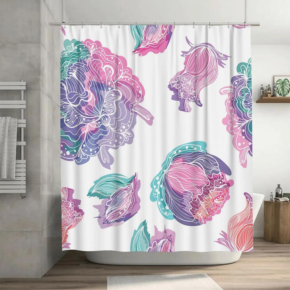 Bathroom Shower Curtain Set with Floral Print Decorative Waterproof Fabric for Home Decoration in Multicolored