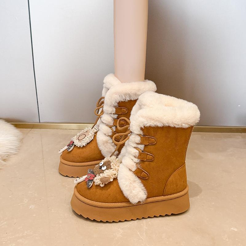 Women's Lace-up Large Size Thick Sole Winter Warm Fur Snow Boots Padded Lined Ankle Boots Anti-slip Hiking Sports Cotton Boots