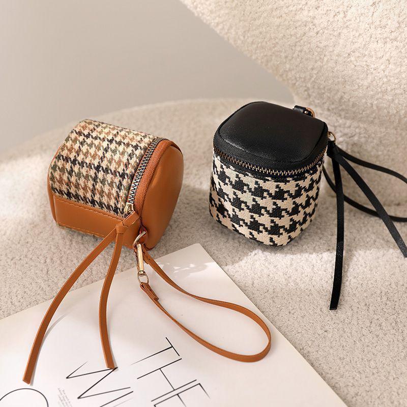 Houndstooth Leather Clutch: Mini Zipper Coin Purse & Red Makeup Bag