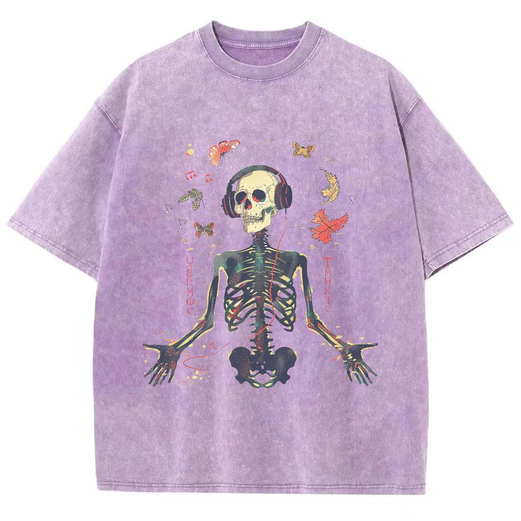 Summer Unisex T-Shirt Y2K Women's Clothing Sales Oversize Skull Print Faux Denim Top Harajuku Short Sleeve