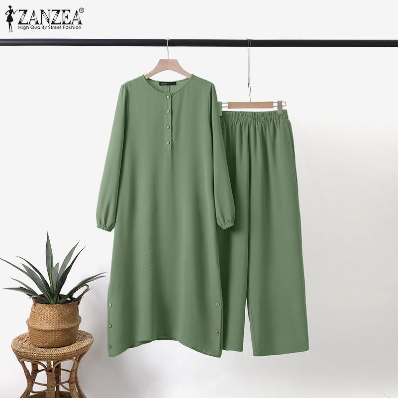 

ZANZEA Ретро наряды Женская блузка и брюки Повседневный комплект из двух предметов
