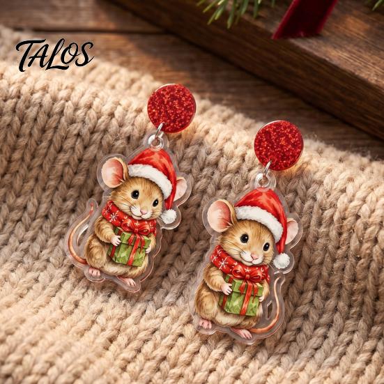 Holiday Party Accessories 1 Pair Cute Christmas Mouse Acrylic Earrings, 2D Flat Cartoon Animal Dangle Earrings Drop for Women, Glitter Star