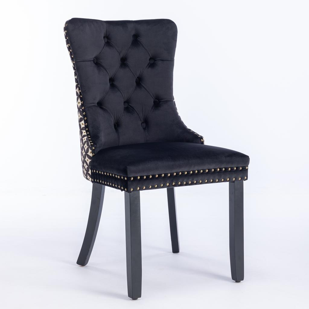 Dining Chairs Set of 2, Hand-Tufted Velvet, Back with Gold Thread Geometric Pattern, Nail Head Trim & Metal Pull Ring, Solid Wood Legs,DE2201BK