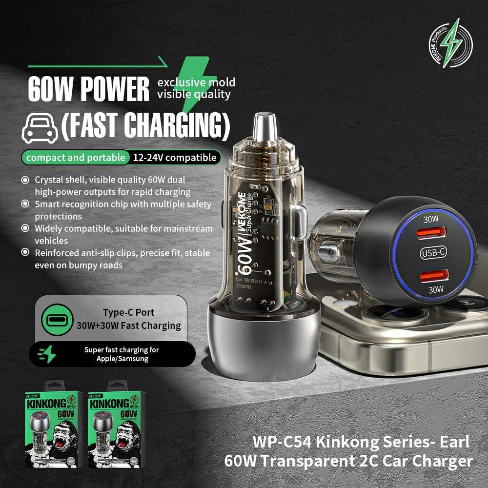 

WEKOME WP-C54 Car Charger 60W Dual USB-C Fast Charging Aluminum Alloy Transparent Adapter Silver