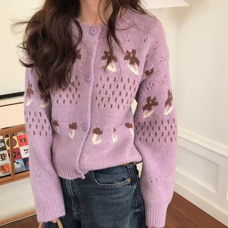 Vielseitiger grauer Jacquard-Strickcardigan mit Rundhalsausschnitt und langen Ärmeln – Damen Herbst/Winter 2025 Stil