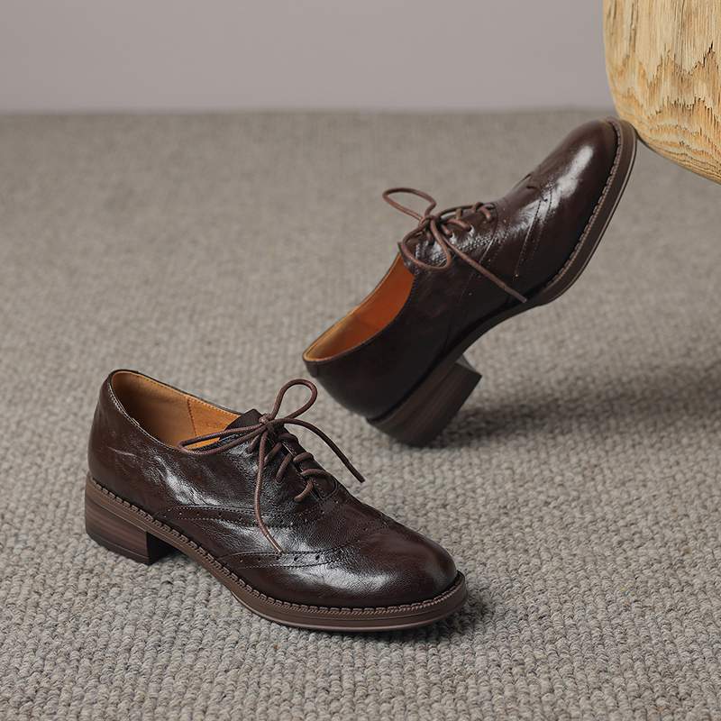 Krazing Pot Sheepskin Round Toe Thick Heels Autumn Lace Up Block Shoes Women Retro Fashion Pumps