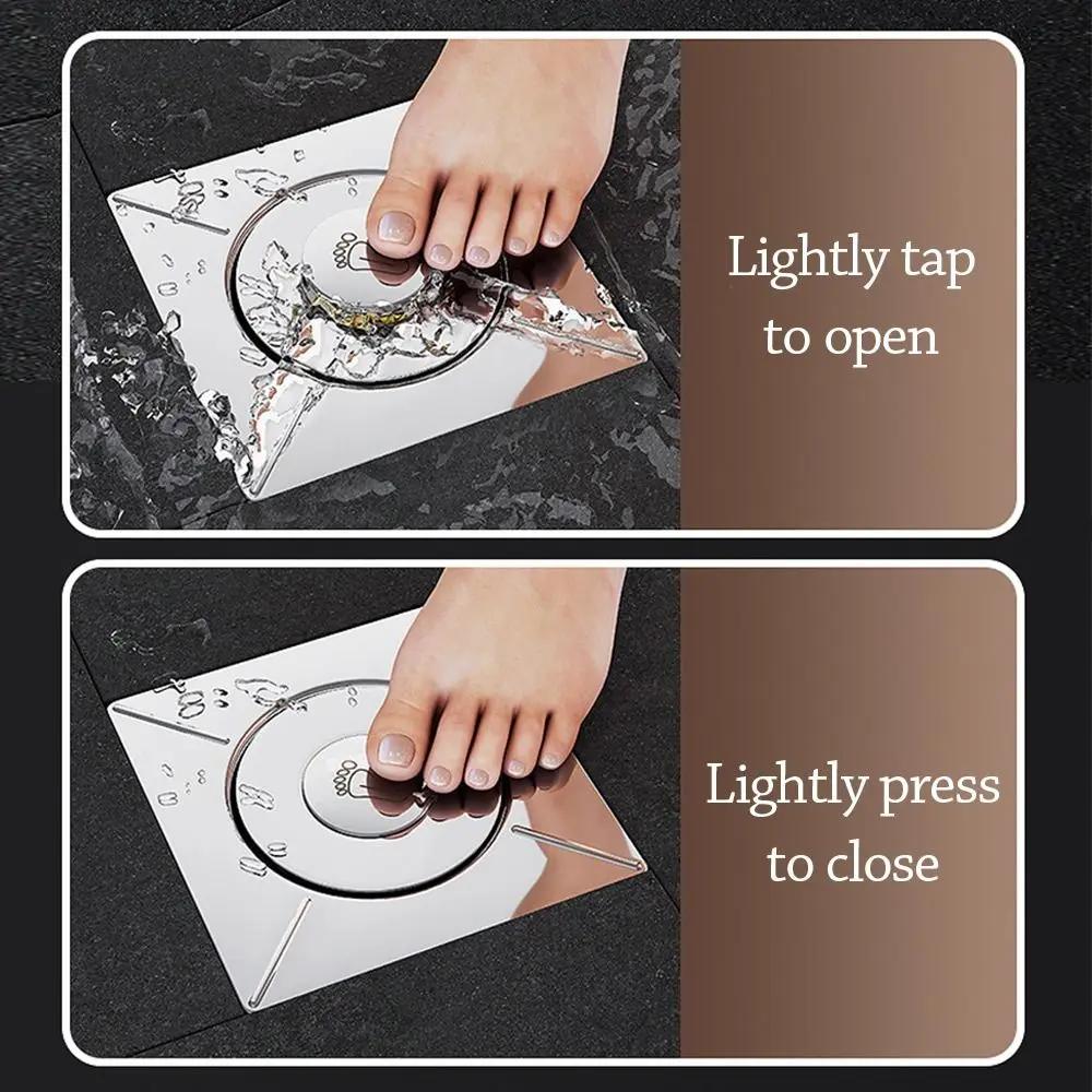 Shower Floor Drain Square Filter Toilet Floor Drain Poppet Seal Cover Sewer Pipe Odour Control Universal Push-Pedal