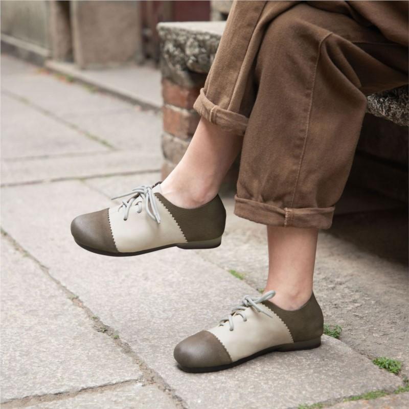 Johnature Cowhide Mixed Colors Casual Flats Comfortable Retro Genuine Leather Lace Up Versatile Women's Shoes