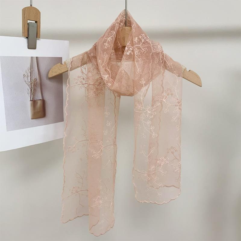 Summer Lace Small Long Scarf Embroidered Flower Long Silk Female Korean Version Literary and Retro Versatile Decorative Shawl