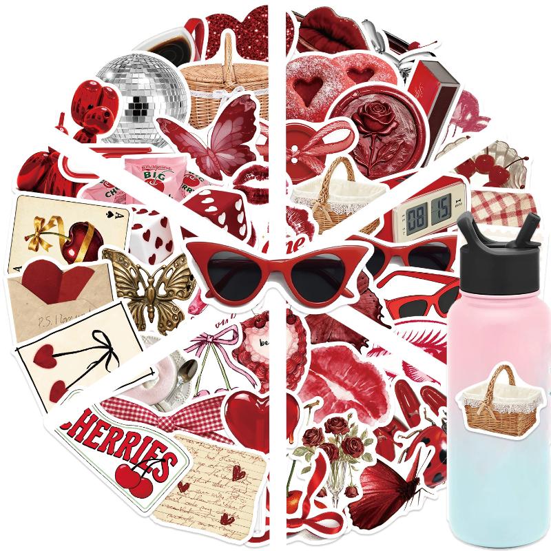 50Pcs Y2K Aesthetic Cherry Stickers Laptop Guitar Suitcase Journal Phone Case Diary Notebook Doodle Decals Decor Gift
