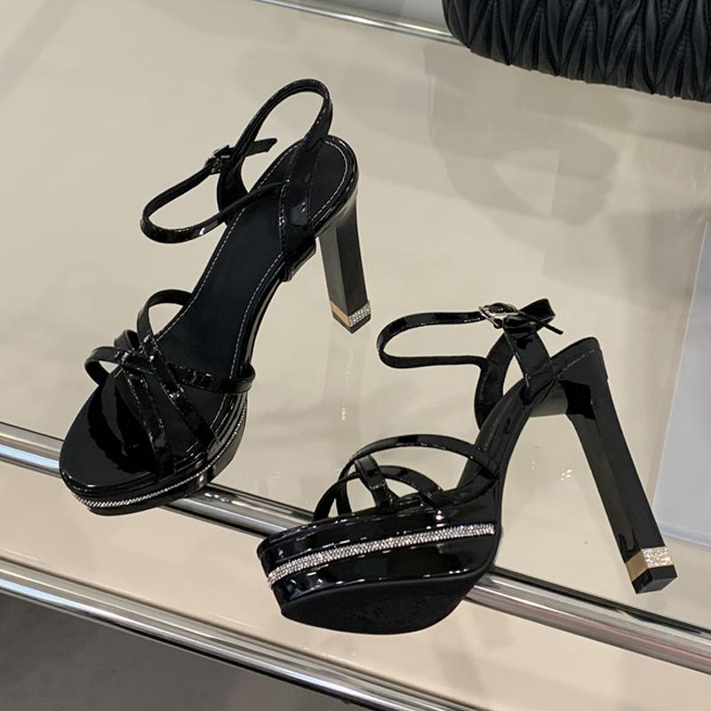 Fashion Liyke New Design Crystal Square High Heel Fetish Sandal Rhinestone Platform Open Toe Buckle Strap Party Dress Shoe Women Apricot