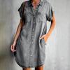 Women Plus Size Denim Dress Knee Length Loose Single Breasted Short Sleeve Irregular Hem Spring Summer Dresses with Pockets