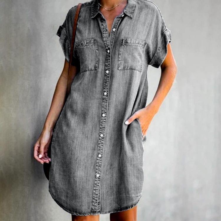 

Women Plus Size Denim Dress Knee Length Loose Single Breasted Short Sleeve Irregular Hem Spring Summer Dresses with Pockets XXXXXL сірий