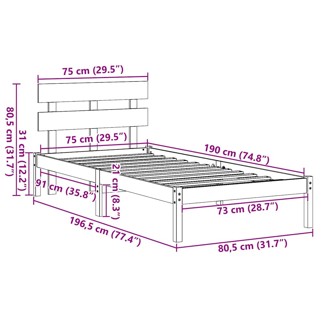 White Bed Frame with Headboard 75 x 190 cm Solid Pine Wood