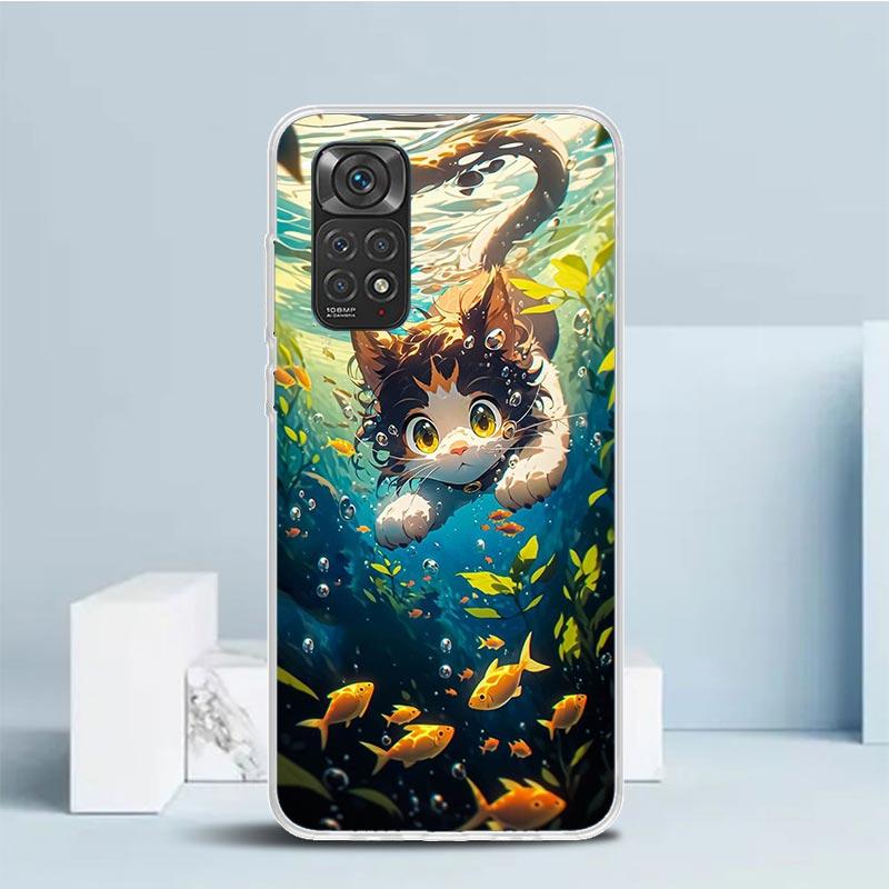 Cartoon Cute Cat Fish Aesthetic Phone Case For Xiaomi Redmi Note 15 14 14S 13 12S 12 Pro Plus 11S 11 11T 11E 10S 10 + Soft TPU B