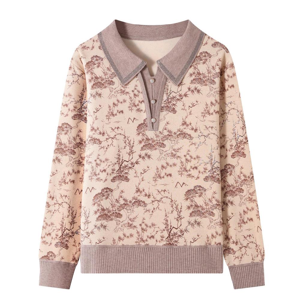 Mother's Spring Long-Sleeve Lapel Top for Middle-Aged Women in 50s-60s