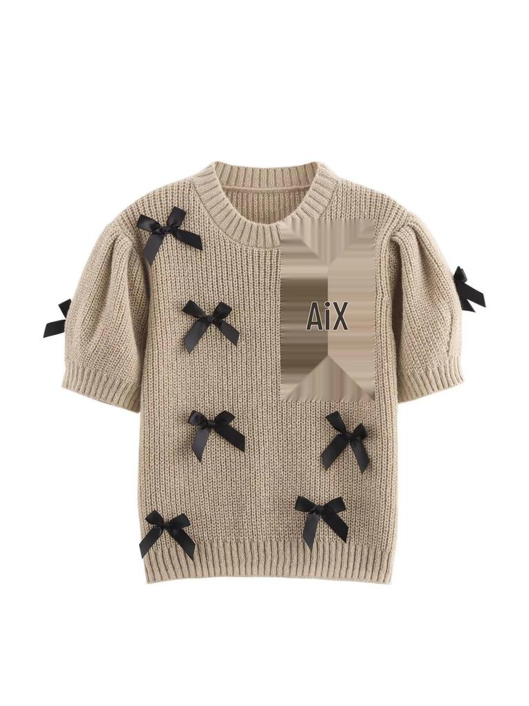 Dámský ležérní svetr s kulatým výstřihem a krátkým rukávem s mašlí, jednobarevný, jaro/léto 2025