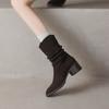 Krazing Pot Cow Suede Nubuck Round Toe Thick Heels Western Boots Size 42 Slip on Women Pleated Decoration Mid-calf Boots