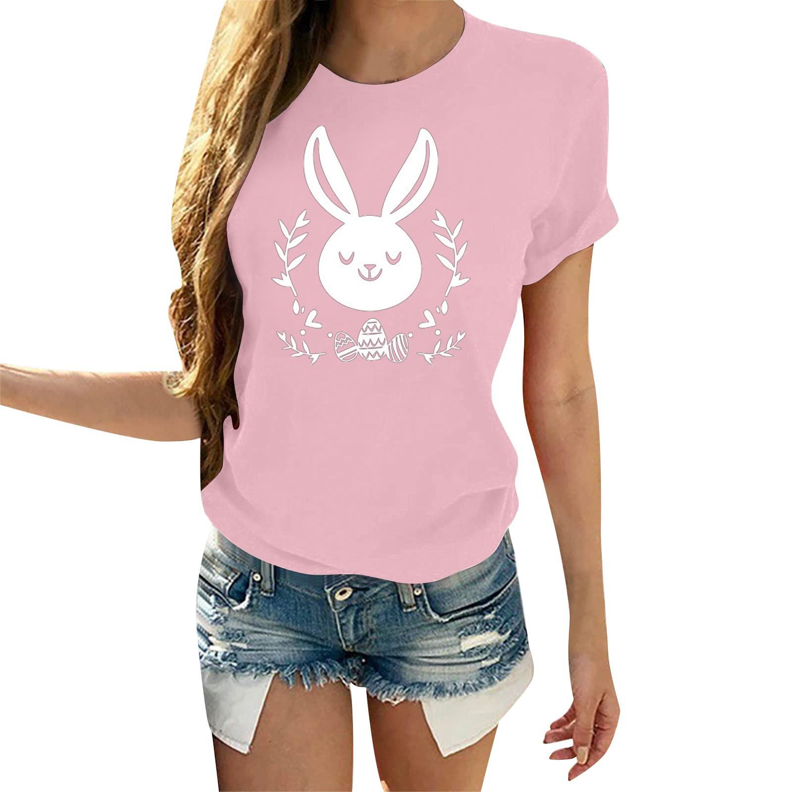 

(SU)Женская модная повседневная летняя удобная блузка с круглым вырезом и коротким рукавом с пасхальным принтом