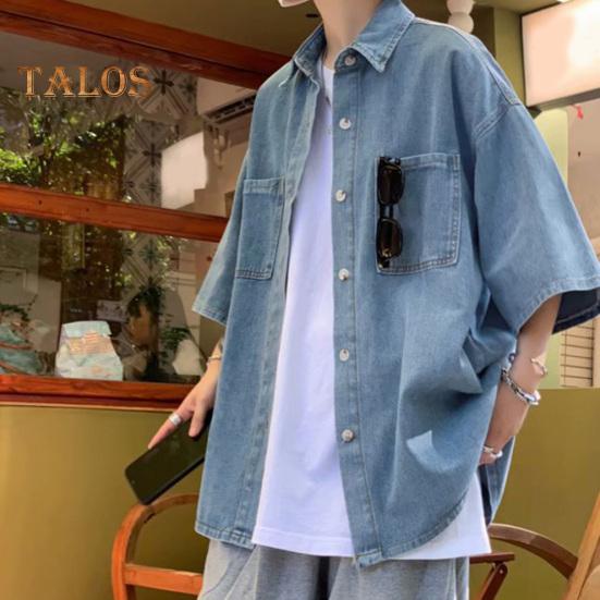 Men Denim Button-down Shirt Short Sleeve Lapel Shirt with Chest Pockets Loose Fit Casual Shirt for Summer Daily Wear Vacation Street