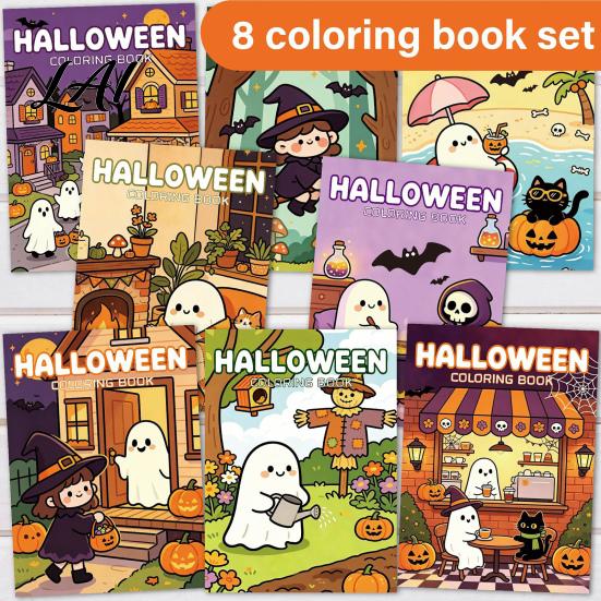 Children Festival Drawing Exercises 8PCS Halloween Cartoon Coloring Book Cute Ghost And Pumpkin Illustrations Thick Art Supplies for Party