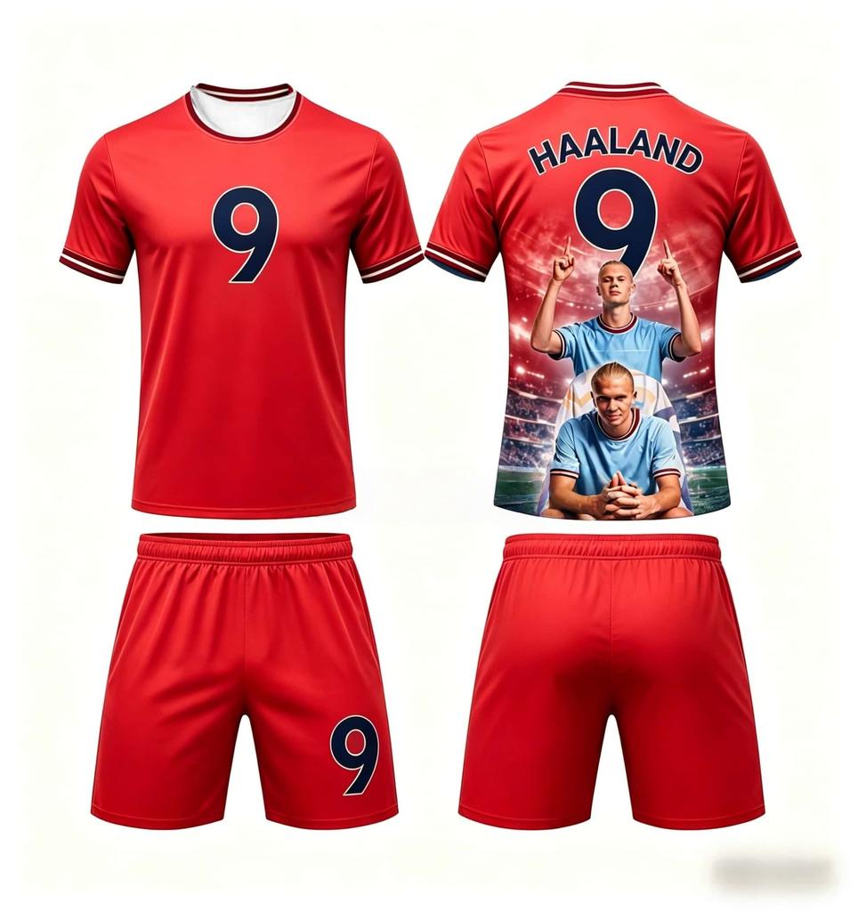 Summer New Haaland #9 Football Jersey Sports Short Sleeve T-shirts and Shorts Set Breathable Soft Fan Clothing Family Kids Tees