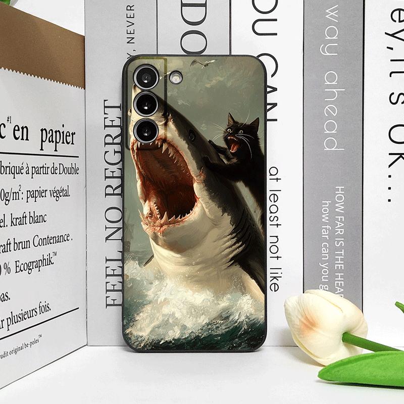 Funny Abstract Shark Black Cat Phone Case for Samsung Galaxy S24+ S25 S23 Ultra S22 Plus S21FE M53 M34 M55 5G Frosted Soft Cover