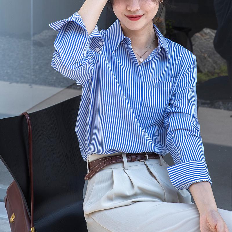 Spring 2025 Women's Casual Blue-Striped Long-Sleeve Shirt