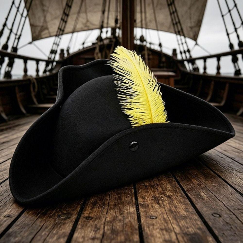 Classic Retro Tricorn Hat Wide Brim Pirate Headwear Pirate Feathers Hat Halloween Party