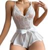 Women Bedroom Bodysuit V Neck See-through Lace Patchwork Bow Ruffle Playsuit Off Shoulder Backless Adjustable Spaghetti Strap Nightdress for