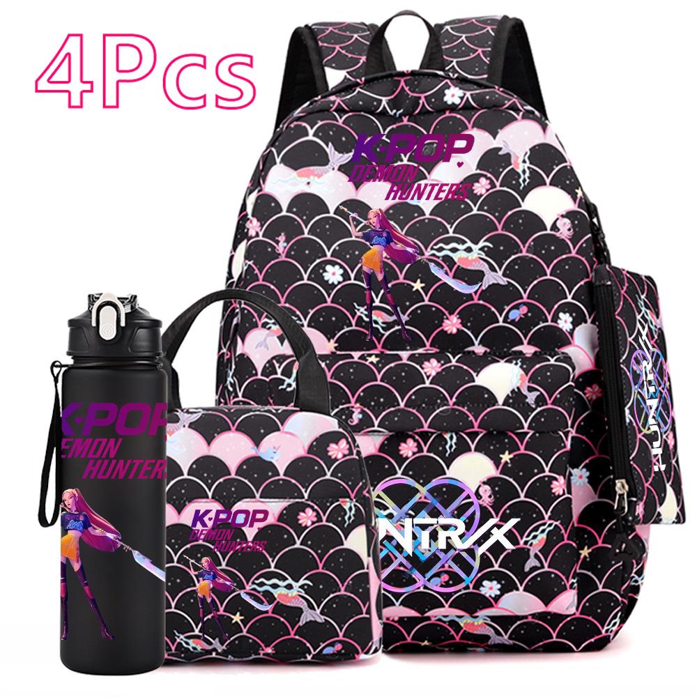 4Pcs/set Anime Cartoon Printed Backpack with Handbag Pencil Case 750Ml Water Bottler for Teenager Boy Girl Large Capacity Bookbag Schoolbag Mochila