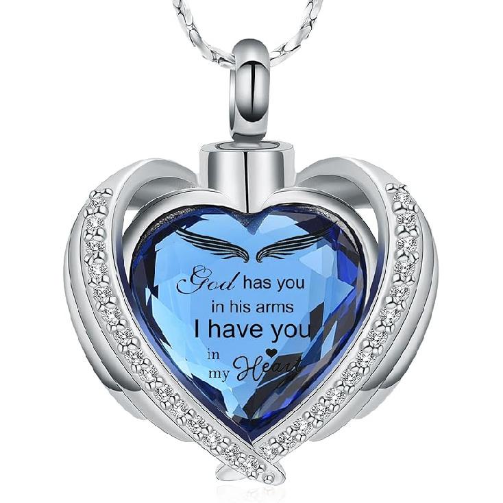 Imrsanl Angel Wing Heart Urn Pendant Necklaces for Women Girls Crystal Birthstone Cremation Jewelry Urns for Human Ashes Memorial Locket Keepsake