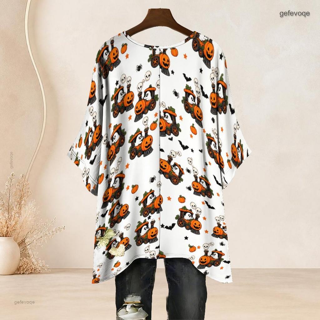 Women Plus Size Round Neck Batwing Sleeve Loose Halloween Printed White Top Side Slit Hem