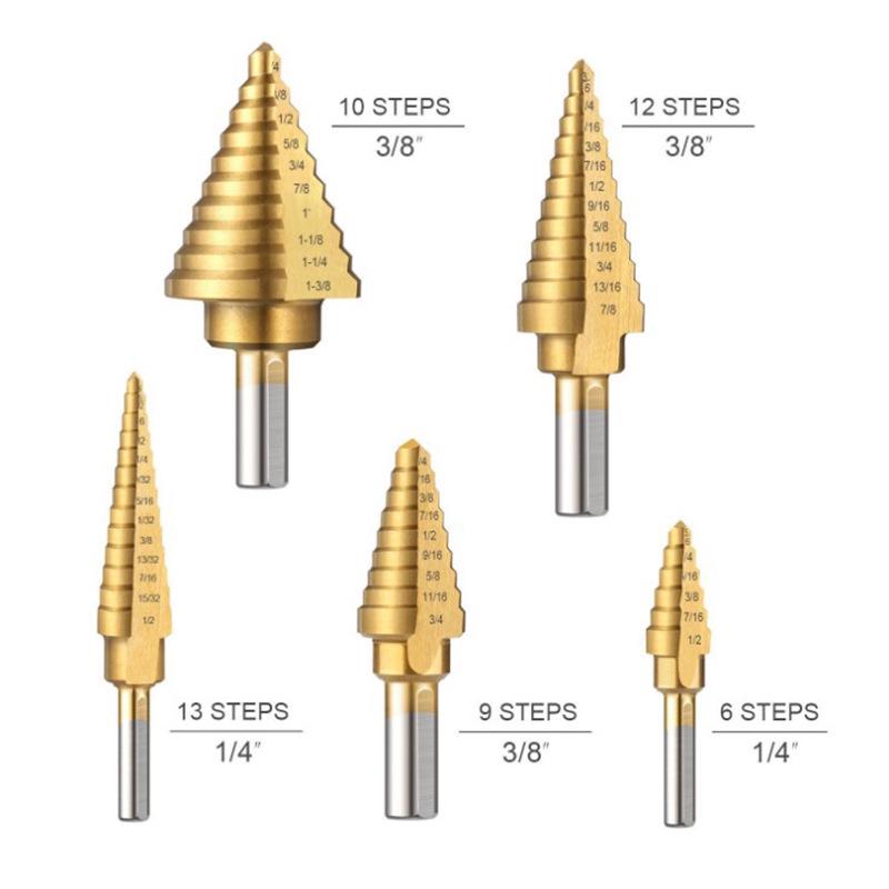 5-Piece Hole Expansion Pagoda Drill Bit Set for Steel Plate Punching with Yellow Triangle Ladder Drill In Aluminum Box.
