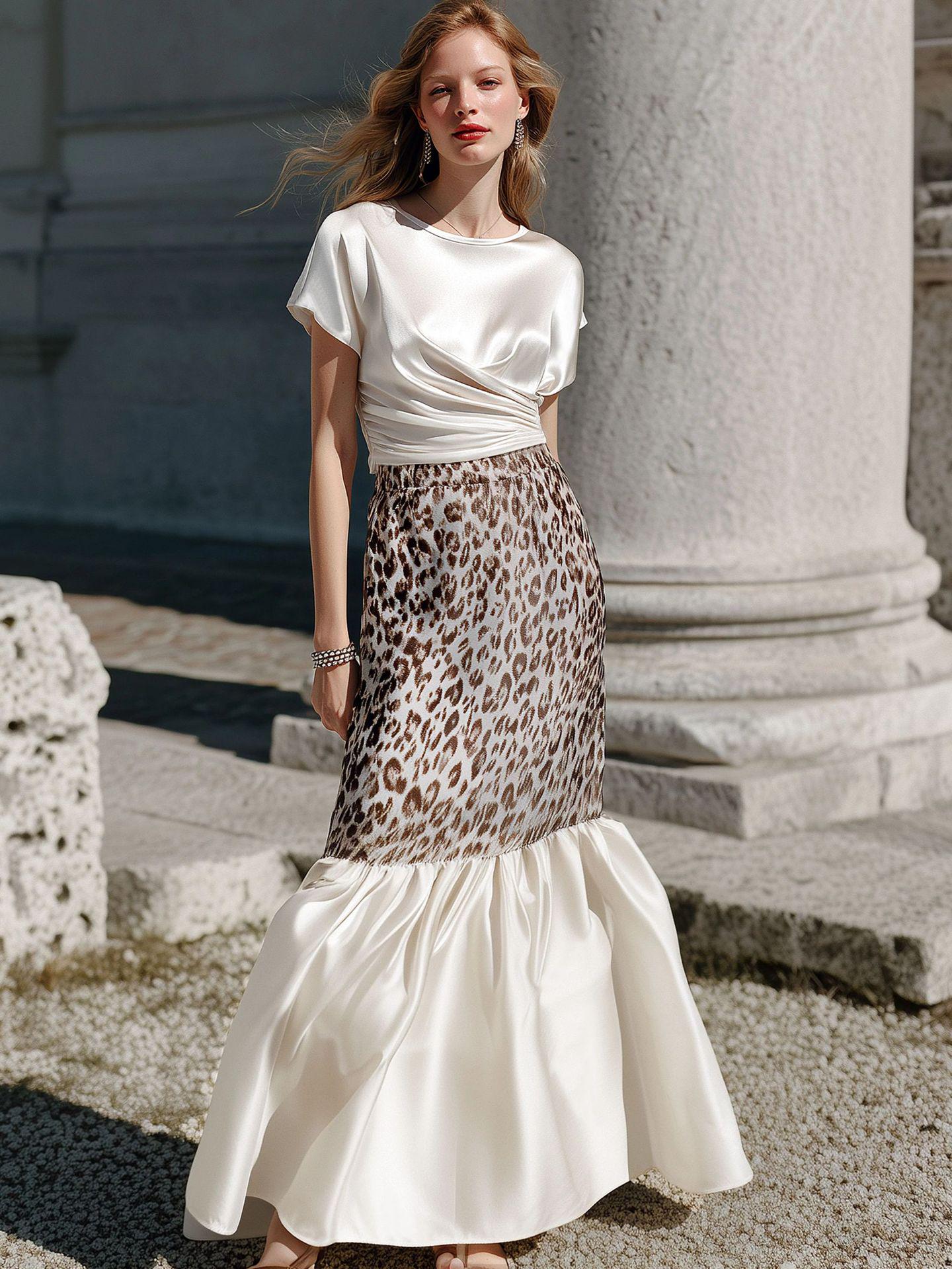 

European Spring/Summer 2026 Satin Leopard Patchwork Pleated Skirt & Top Set Large белый/леопардовый