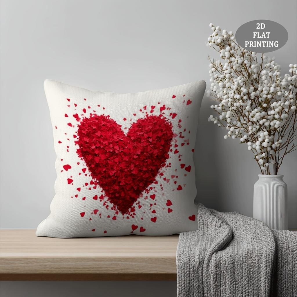 1pc Red Heart-Shaped Petal Pattern Plush Throw Pillow Cover | 2D Flat Printing, Single-Sided, 18x18 inch, Suitable for Sofa and Living Room Decor