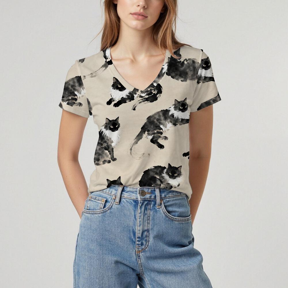 Summer Women's New Short-sleeved T-shirt Cat Pattern Top Soft Texture Comfortable Breathable Personality Daily