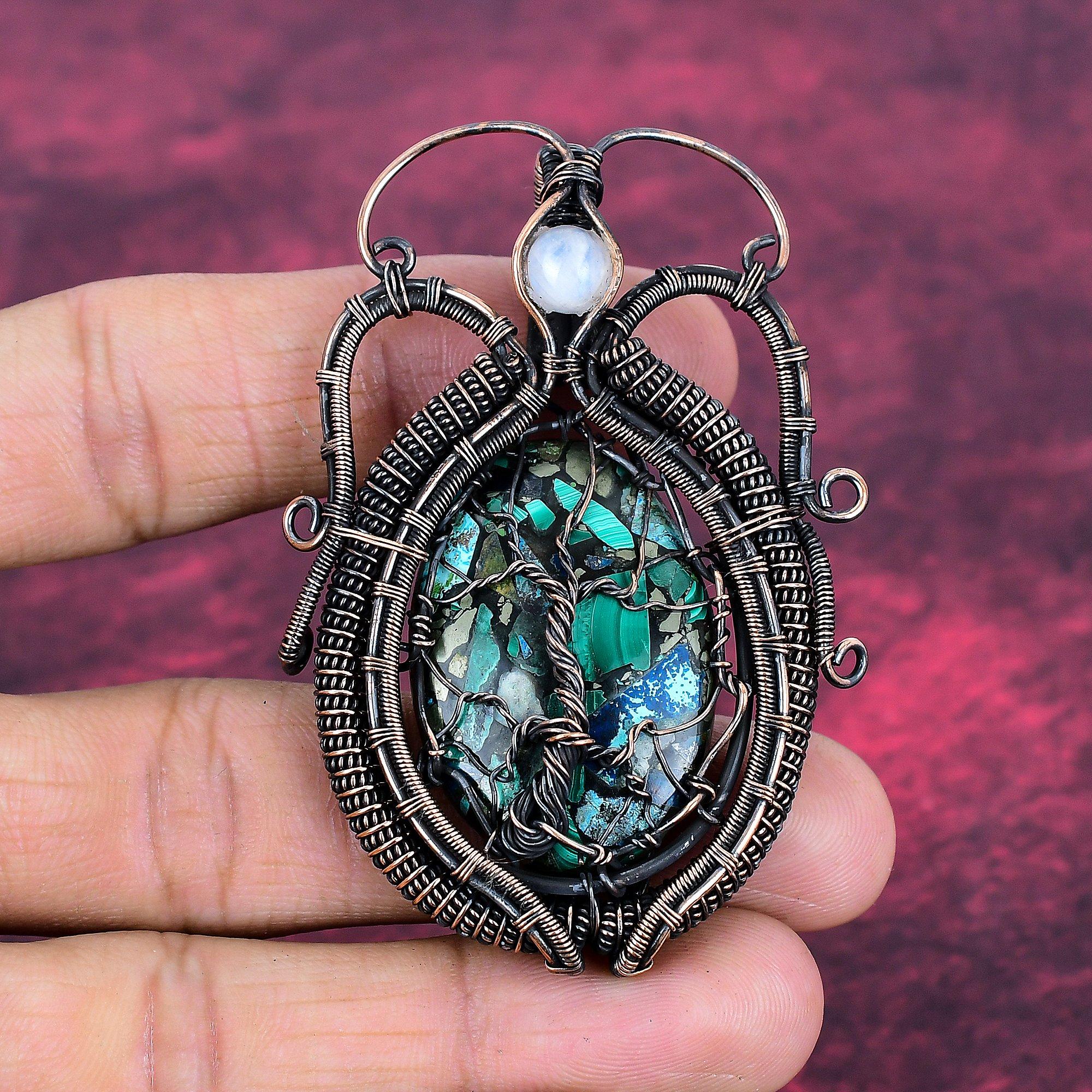 Tree Of Life Copper Azurite Malachite Pendant Copper Wire Wrapped Jewelry Moonstone Gemstone Pendant